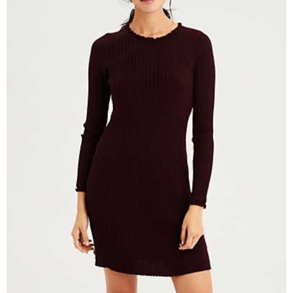 AE Burgundy Lettuce Collar Sweater Dress